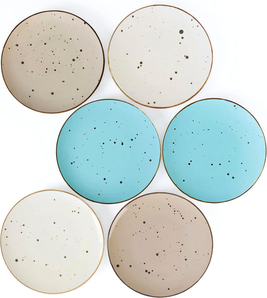 Dessert Plates 8.7 Inch Set of 6 - Microwave, Oven, Dishwasher Safe, Scratch Resistant, Porcelain. Durable Small Dishes for Salad, Dessert, and Side Dishes - Natural Assorted Colors