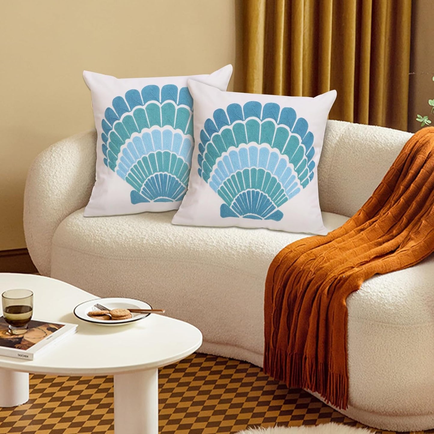 1 PCS Embroidered Throw Pillow Cover Cotton Decorative Square Cushion Cases for Home Sofa Bed and Chair 18 x 18 Inch (Blue Shell-2)