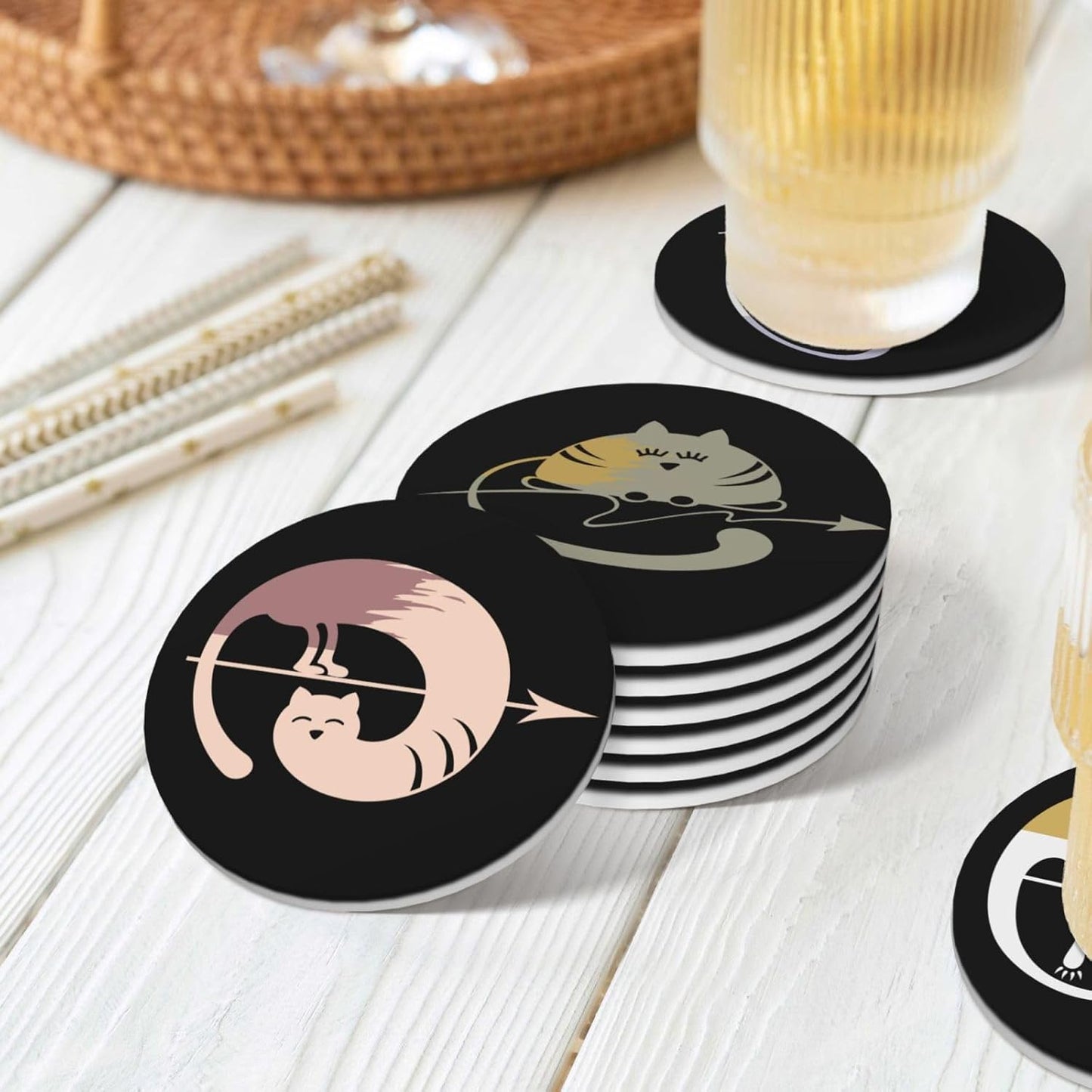 Funny Cat Absorbent Drink Coasters with Holder, Set of 6 Ceramic Coasters with Cork Base for Table Decor