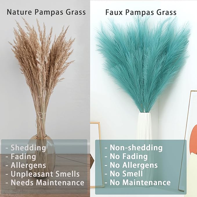 38" 10 Stems Faux Pampas Grass Decor - Tall Pampas Grass for Floor Vase Fluffy Artificial Pampas Grass for Boho Home Wedding Mothers Day Decoration（Lake Blue）