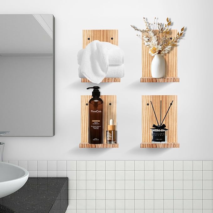 Small Wall Shelf Modern,Wooden Mini Floating Shelves,Indoor Wall Mounted Plants Shelf L Shaped,Midcentury Display Decorative Holder for Gallery Living Room Bedroom Porch,Pine,4 Pack(Carbonized Brown）