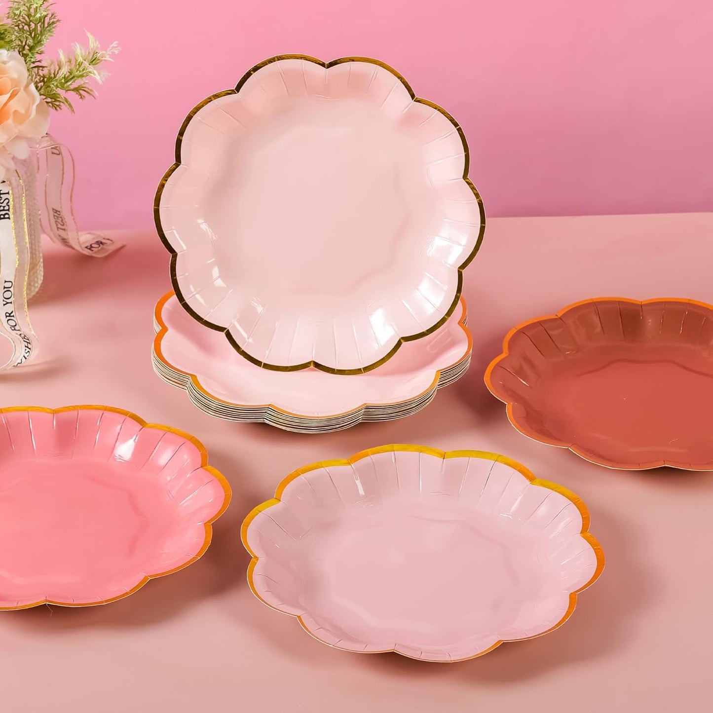 Dusty Pink Gradient Color Dessert Paper Plates, 7 inch Gold Foil Scalloped Edge, Disposable Cake Plates for Tea Party, Birthday, Baby Shower, Wedding Party Supplies (48, Dusty Pink)