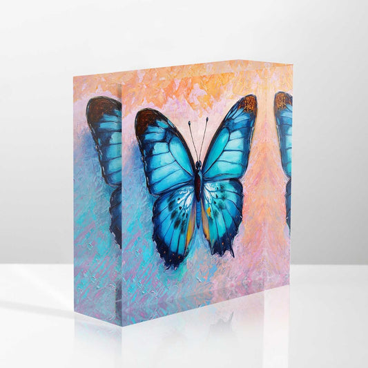 NOHSHE Acrylic Desk Decor - Oil Painting of Blue Butterfly - 4x4 Tabletop Wall Sign - Appreciation & Housewarming Presents for Coworkers & Friends