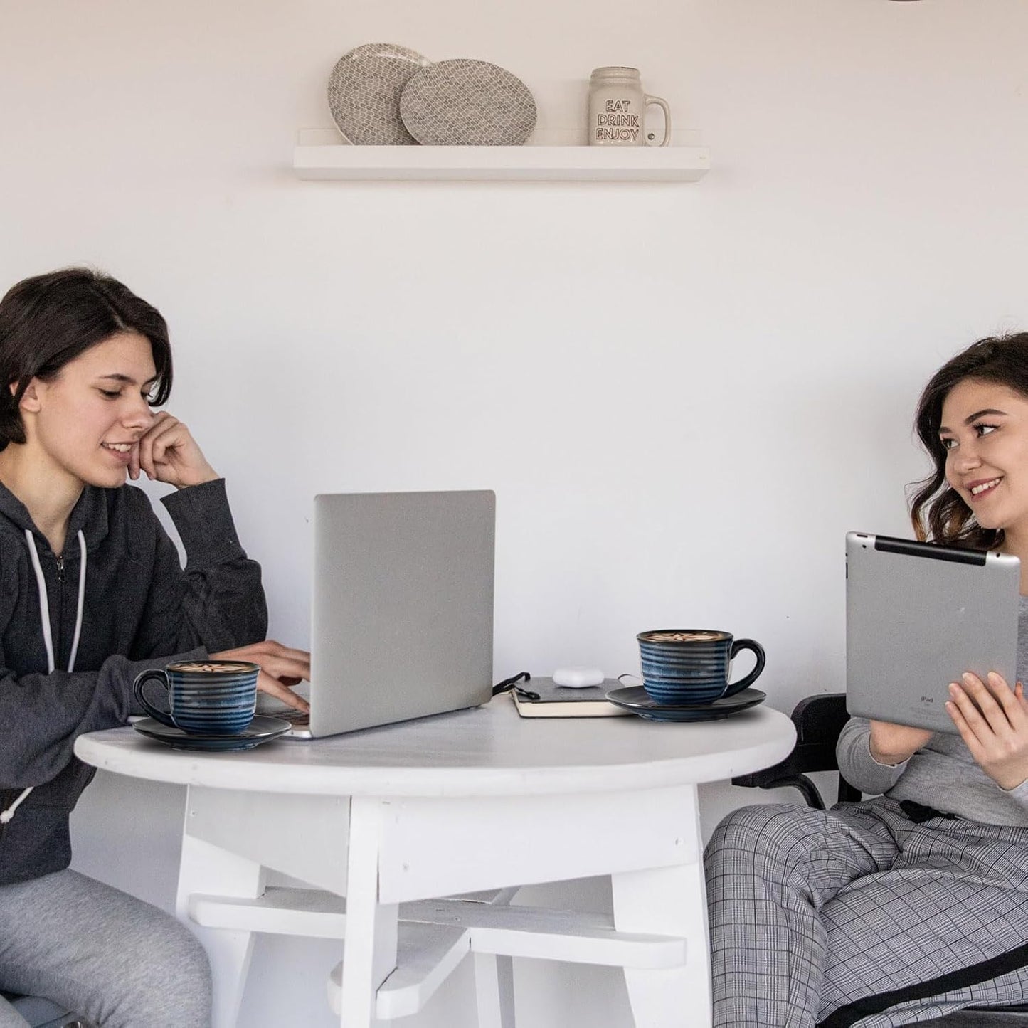 Hasense Ceramic Cappuccino Cups and Saucers Set of 4, 8 oz Tea Coffee Cups Set for Home and Office, Espresso Mugs for Coffee, Cappuccino, Latte, Americano, Milk and Tea - Navy Blue