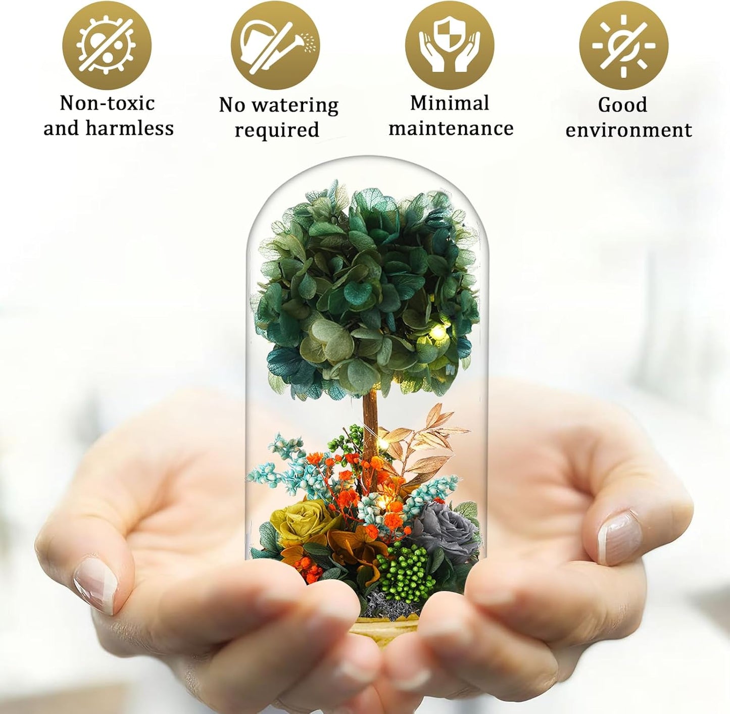 LED Illuminated Glass Dome Floral Arrangement, Decorative Light with White Hydrangea and Rose, Battery Operated(Dark Green)