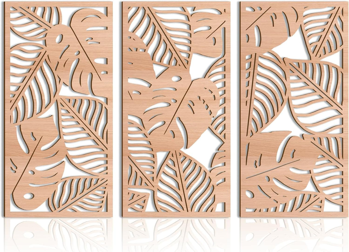 IARTTOP Large Wood Tropical Wall Art 15.9X32 Inch Carved Palm Leaves Wall Decor Coastal Leaf Monstera Plant Wall Sculptures for Living room Bedroom Set of 3