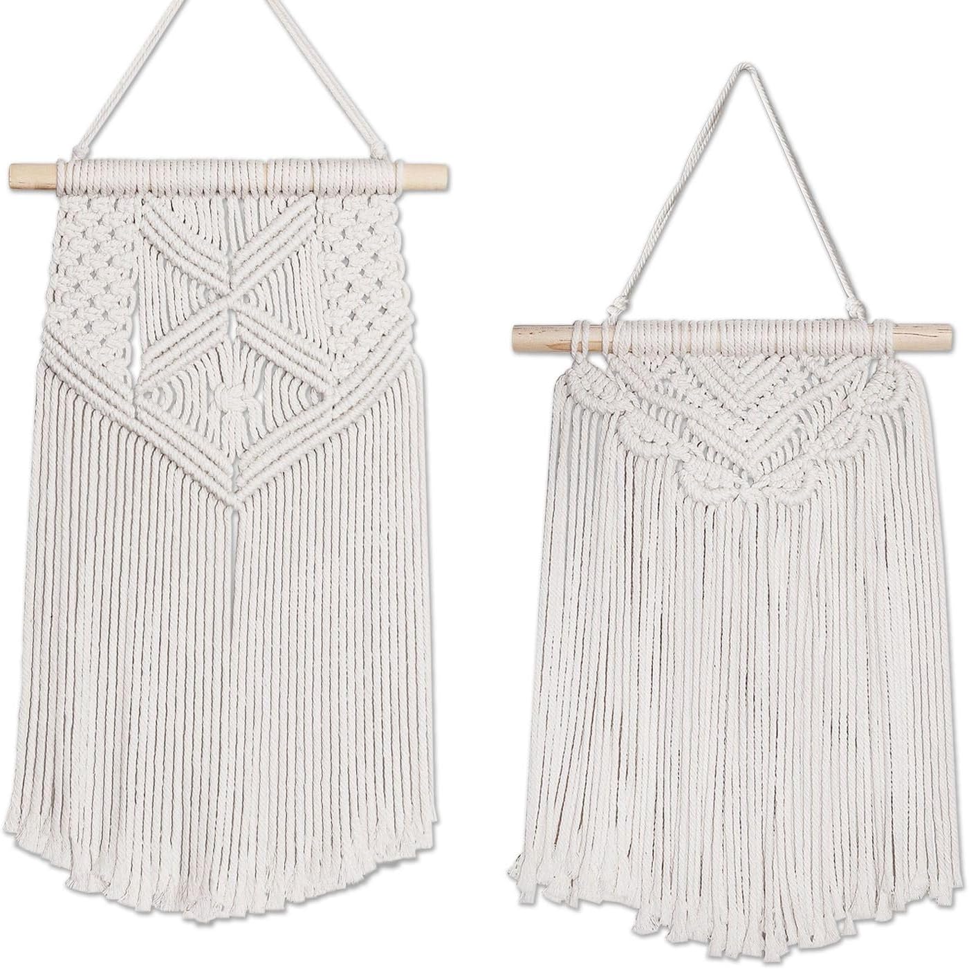 Flexzion Macrame Wall Hanging Bunting Banner Tapestry Art (2 Pack 20 Inch Cream White Cotton) Hand Woven Bohemian Wall Decor for Boho Home Bedroom Living Room Curtain Garland Baby Nursery Rustic