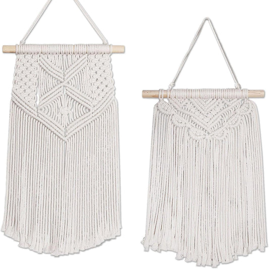 Flexzion Macrame Wall Hanging Bunting Banner Tapestry Art (2 Pack 20 Inch Cream White Cotton) Hand Woven Bohemian Wall Decor for Boho Home Bedroom Living Room Curtain Garland Baby Nursery Rustic