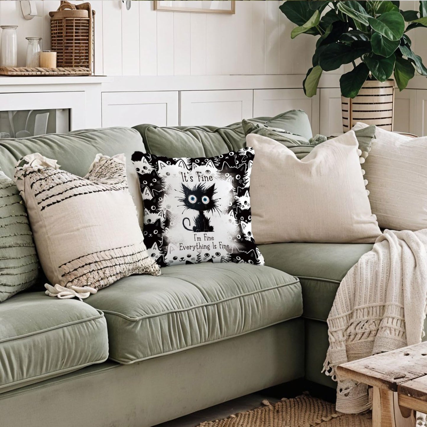 Funny Black Cat Pillow Covers 18x18, Black Cat Decor, It's Fine I'm Fine Everything is Fine Decorative Throw Pillow Covers Pillowcases for Bedroom Living Room Home Decor