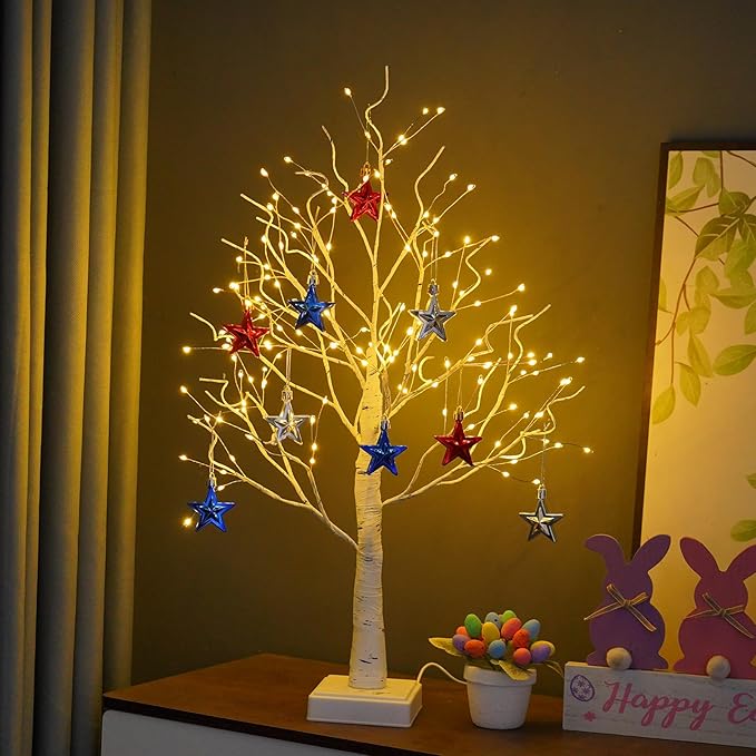 4th of July Decorations Patriotic Tree Lights, 144 LED Artificial Tree Lamp with Timer, DIY Birch Tree Lighted with USB/3AA Battery, Fairy Light Spirit Tree for Home Bedroom Decor (Warm White)