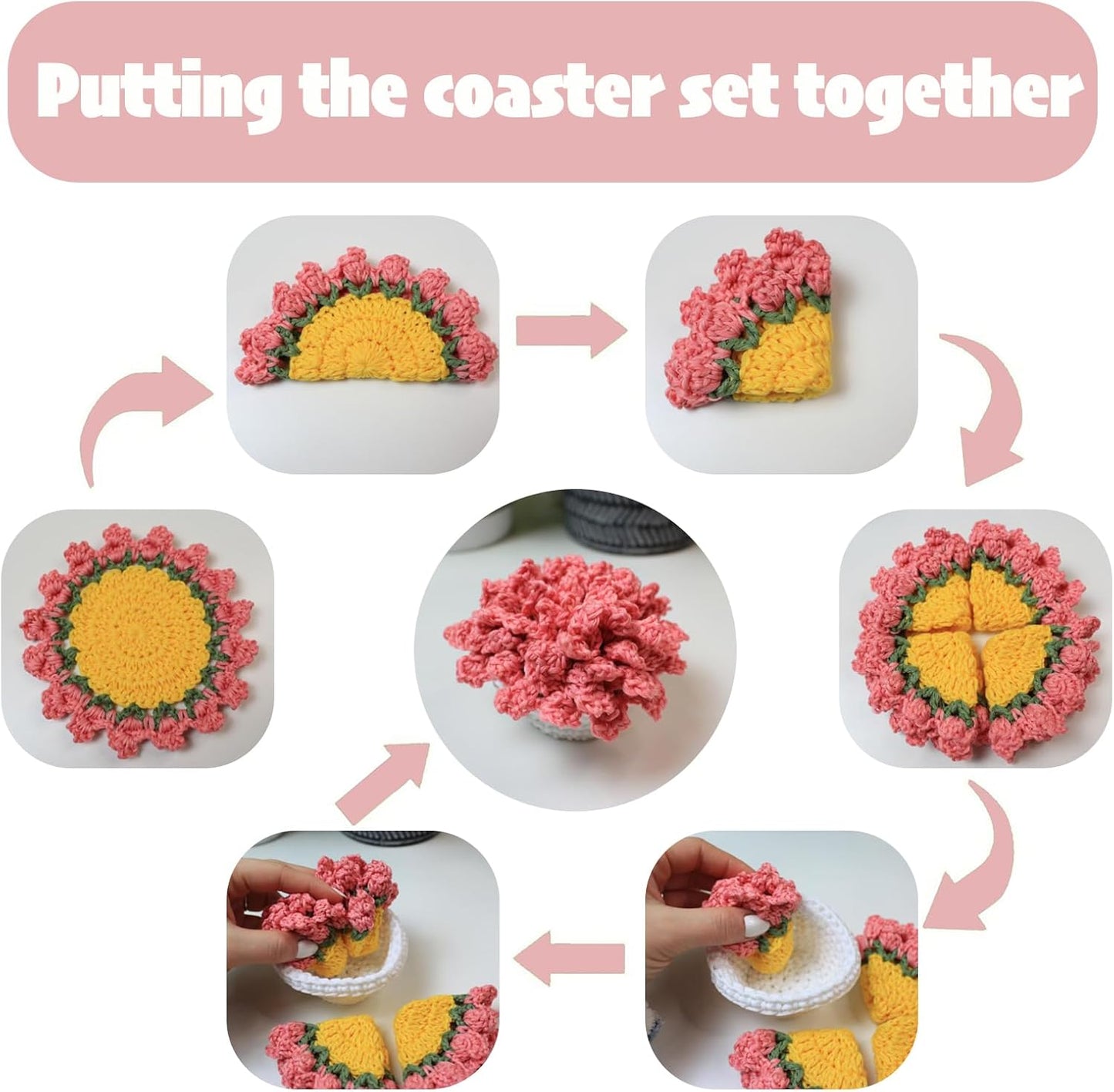 Cute Coasters Set of 4,Funny Pink Flower Coasters,Crochet Plant Pot Coaster Set for Drinks with Flowerpot Holder,Fun Soft Decorative Coasters Housewarming for New Home Bar Desk