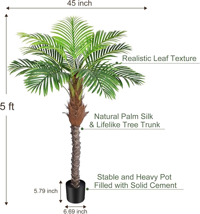 5ft Artificial Phoenix Palm Tree for Outdoor Indoor Decor, Faux Coconut Silk Palm Tree Tropical Fake Tree Plant for Outside Patio Indoor Home Office Bathroom Pool Coastal Decor (Set of 2)