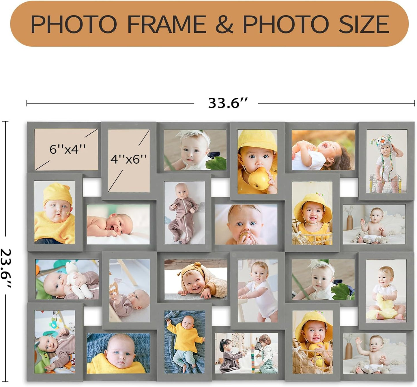 HELLO LAURA 4×6 Collage Picture Frames,24 Opening Photo Collage Frame for Wall Decor,Multi Family Photo for Gallery Decor, Hanging Display - Grey
