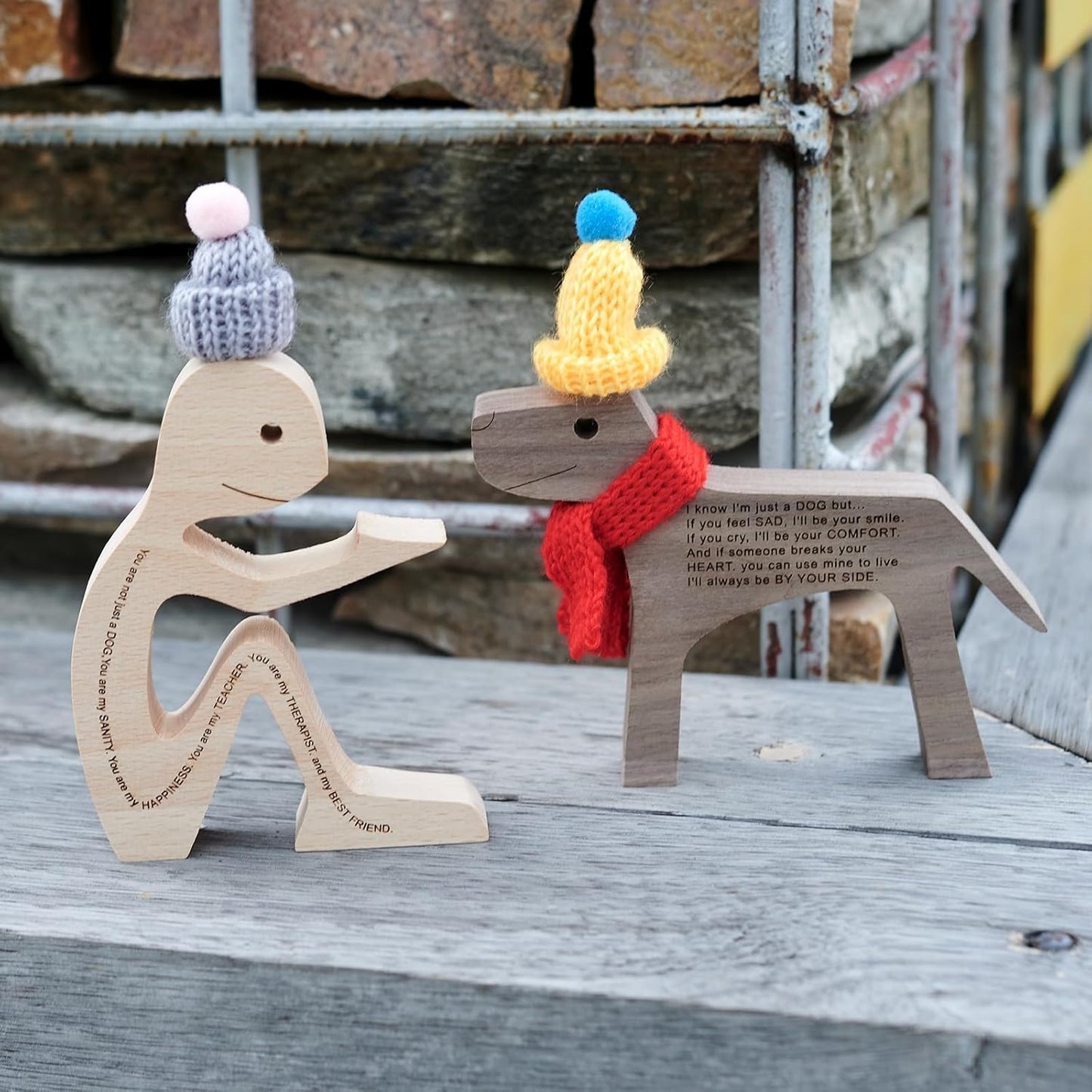 Humen and Dog Craft Figurine Desktop Table Ornament Wood Men Dog Model Creative Home Office Decoration Gift Lovely with Hat and Red Scarf(Large Size)