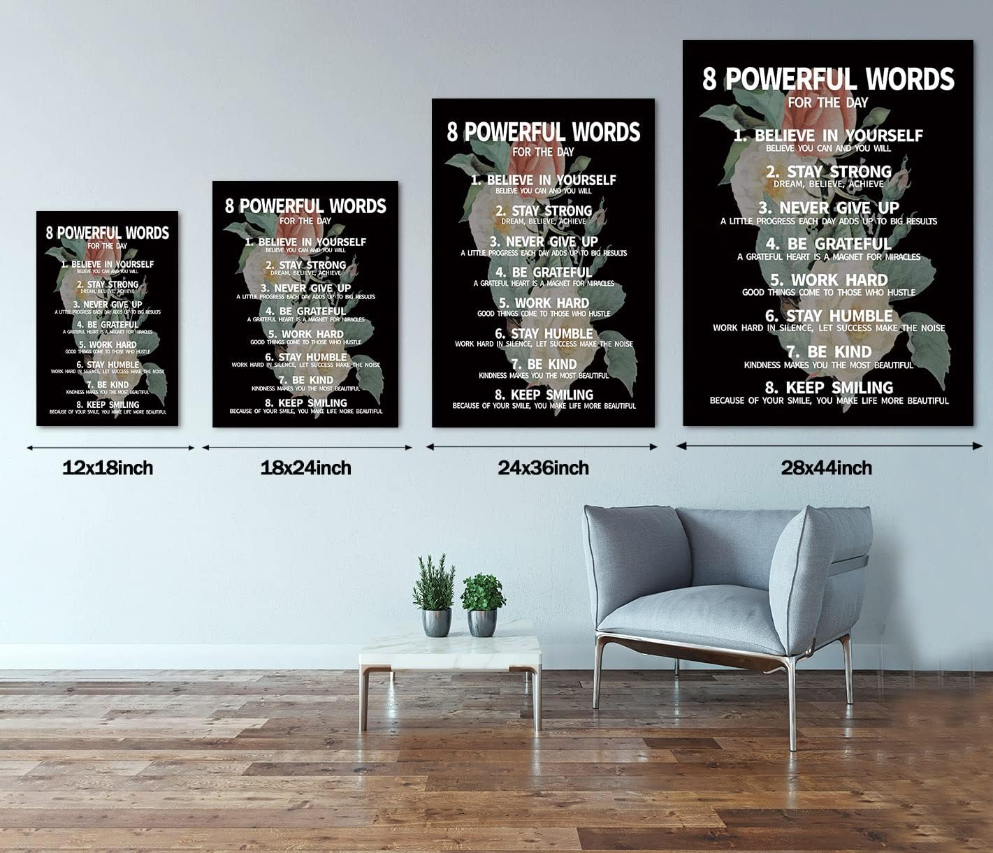 Inspirational Office Quotes Sayings - 8 Powerful Words for The Day Canvas Decoration Paintings with Flower Background Suitable for Office School Library Home Wall Hangings HD Print-28 inch x 44 inch