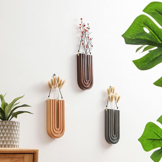 Wood Wall Planter Indoor, Propagation Station, Wooden Hanging Vase for Dried Flowers, Plant Holder, Boho Wall Décor for Living Room Rainbow U Shape (Set of 3)