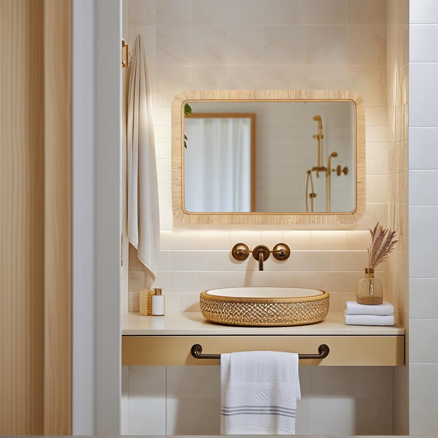 FUIN 20" x 30" Rattan Wicker Rectangle Wall Mounted Bathroom Mirror for Coastal Boho Nursery Decor, Natural