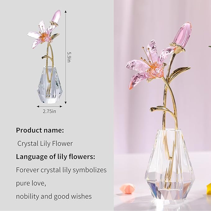 LONGWIN Crystal Artifical Tiger Lily Flowers with Vase - Pink Crystal Collectible Figurines Decorative Blooming Lily Flower for Home and Wedding