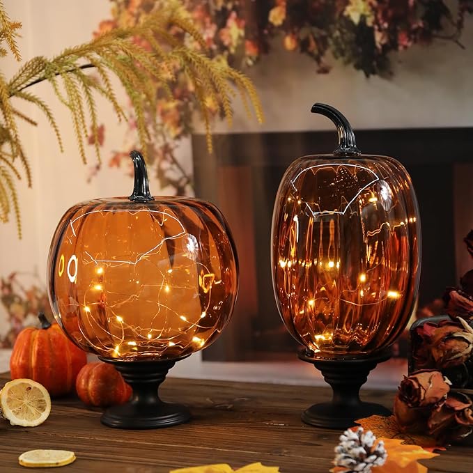 2 Pcs Glass Pumpkin Lights with Pedestal Fall Decor Pumpkins Decoration LED Lighted Collectible Thanksgiving Autumn Harvest Figurine Fall Halloween Decorations for Home Tables Centerpieces Decorative