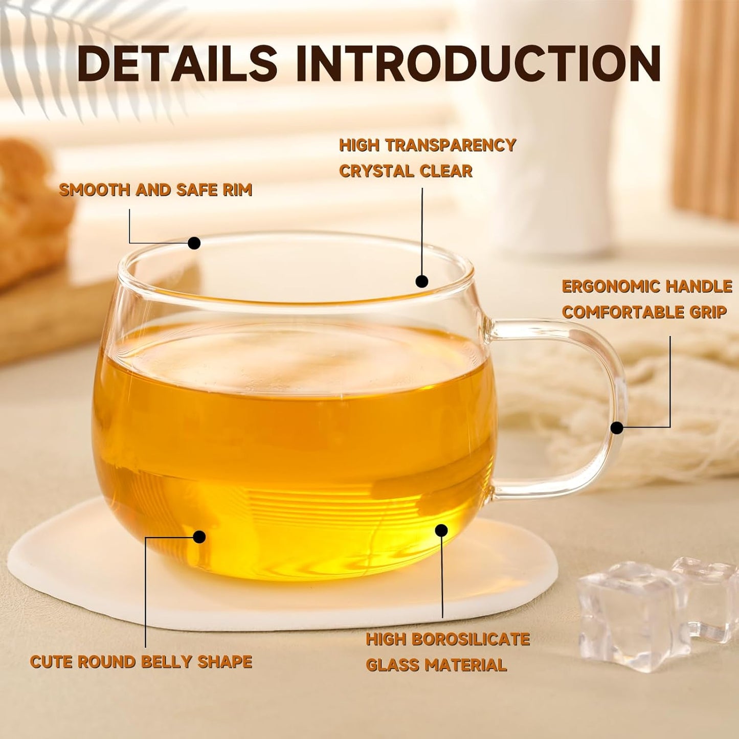 Glass Tea Cups Set of 2, Clear Borosilicate Glass Teacups with Handle for Tealover, Dishwasher & Microwave Safe Large Coffee Mugs for Espresso Cappuccino Latte Juice, 12OZ/360ML