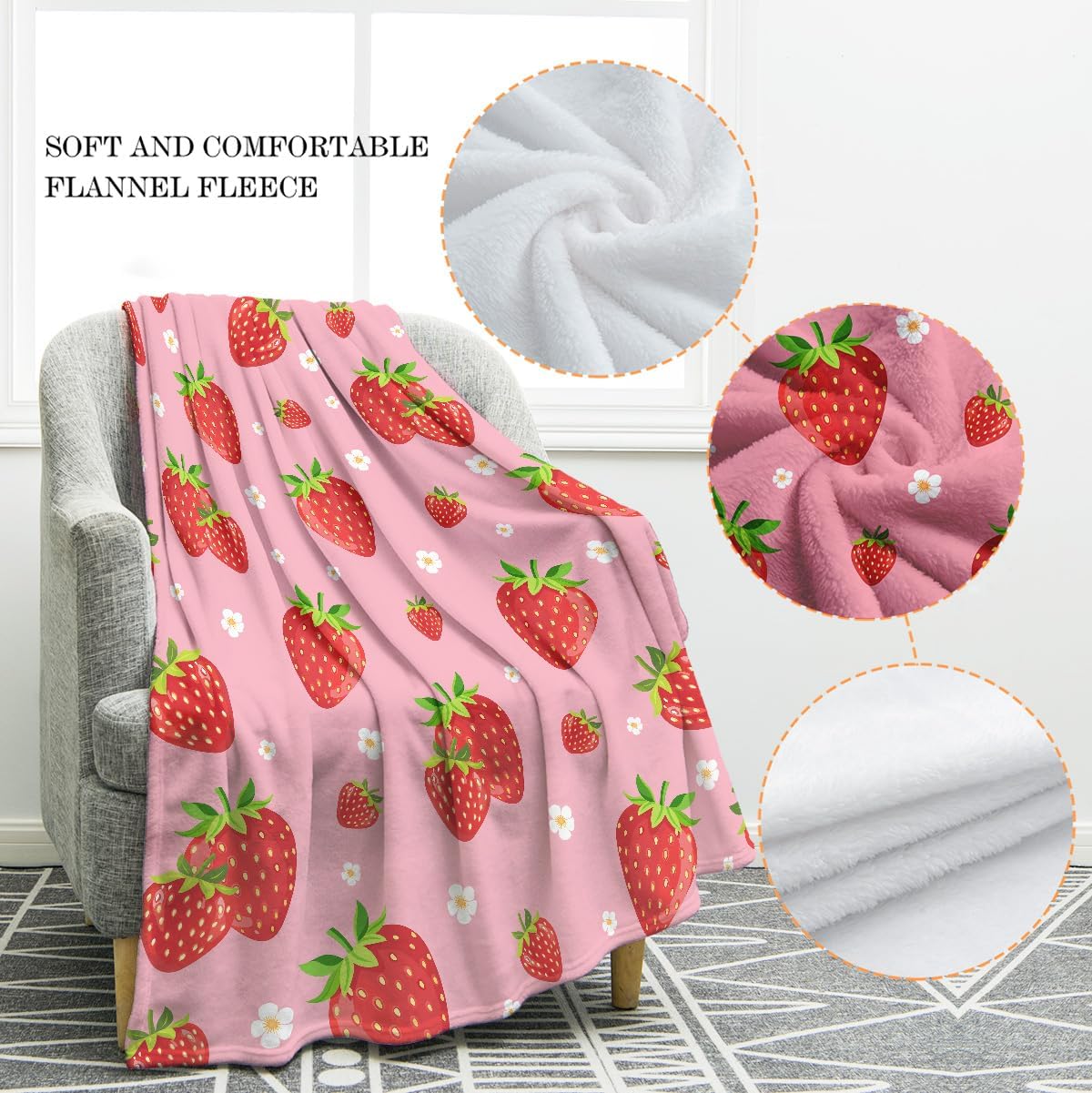 Jekeno Strawberry Fruit Floral Blanket Cute Flower Gifts for Women Kids Girls Mom Wife Men Boys Birthday Christmas Halloween Easter Home Bedroom Bed Sofa Decor Plush Throw Pink 60"x80"