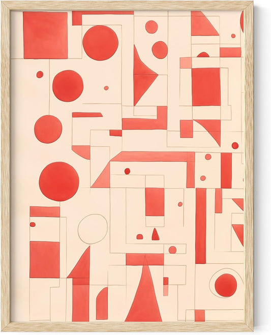 HAUS AND HUES Colorful Abstract Wall Art - Minimalist Retro Picture for Living Room Decor, Red and Pink Modern Wall Art Painting (Red Geometric, Beige Frame, 12x16)