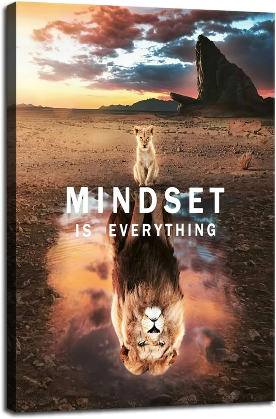 Mindset is Everything Inspirational Canvas Wall Art Small Cat and Big Lions Entrepreneur Quotes Poster Print Artwork Painting Picture for Home Office Living room Wall Decor Framed[24"W x 36"H]