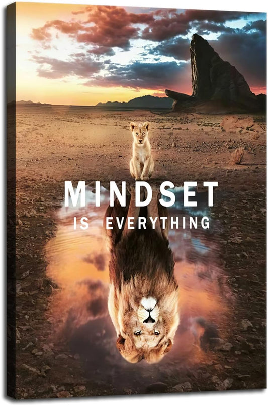 Mindset is Everything Inspirational Canvas Wall Art Small Cat and Big Lions Entrepreneur Quotes Poster Print Artwork Painting Picture for Home Office Living room Wall Decor Framed[24"W x 36"H]