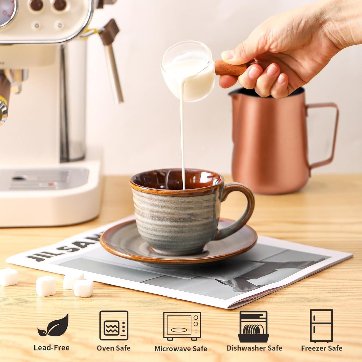 Hasense Ceramic Tea Cups and Saucers, 8oz Cappuccino Cups Set of 4, Espresso Coffee Mugs for Home and Office, Perfect for Coffee, Cappuccino, Latte, Americano, Milk and Tea - Grey Brown