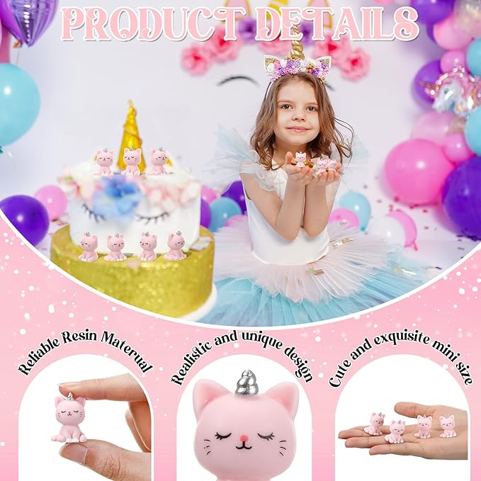 50 Pcs Mini Unicorn Cat Figurines Mini Resin Figurines Little Pink Cat Figurine to Hide for Fairy Garden Decor, Dollhouse, Cake Topper, Birthday Party Gifts