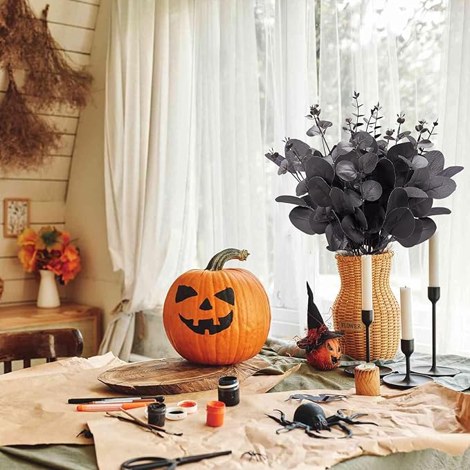 120 Pcs 3 Kinds Mixed Artificial Eucalyptus Stems Faux Eucalyptus Leaves Branches Black Flower for Halloween DIY Bouquets Floral Arrangement Wedding Home Decor