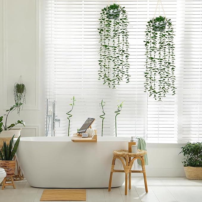 Dremisland Fake Hanging Plants with Pots 2Pack Faux Hanging Basket Plant Macrame Plant Hanger with Fake Vines Faux Hanging Planter for Wall Ceiling Home Bedroom Indoor Decor (Eucalyptus-2PCS)