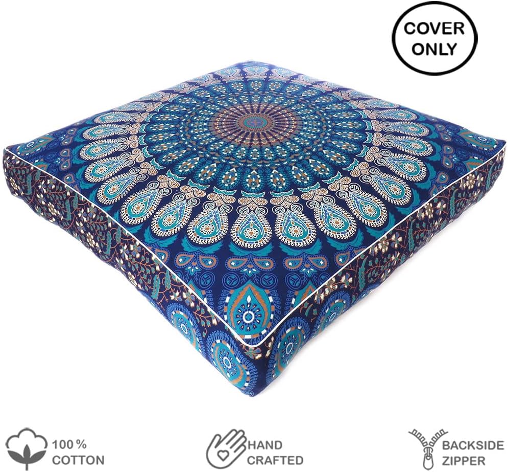 Eyes of India - Mandala Floor Pillow Cover Meditation Cushion Seating Throw Hippie Round Colorful Decorative Bohemian Indian Pouf Ottoman Handmade Cover ONLY (Dark Blue-1, 35" x 35")