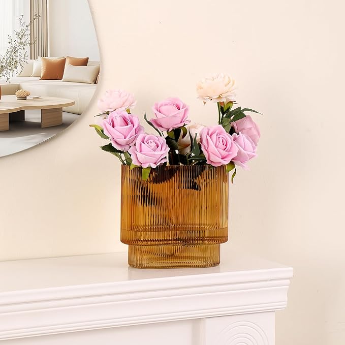 Ribbed Glass Vase, Amber Glass Vase, Fluted Short Vases for Flowers, Modern Vases for Living Room, Dining Room, Bathroom, Desk, Shelf, Wedding, Office, 7 Inches