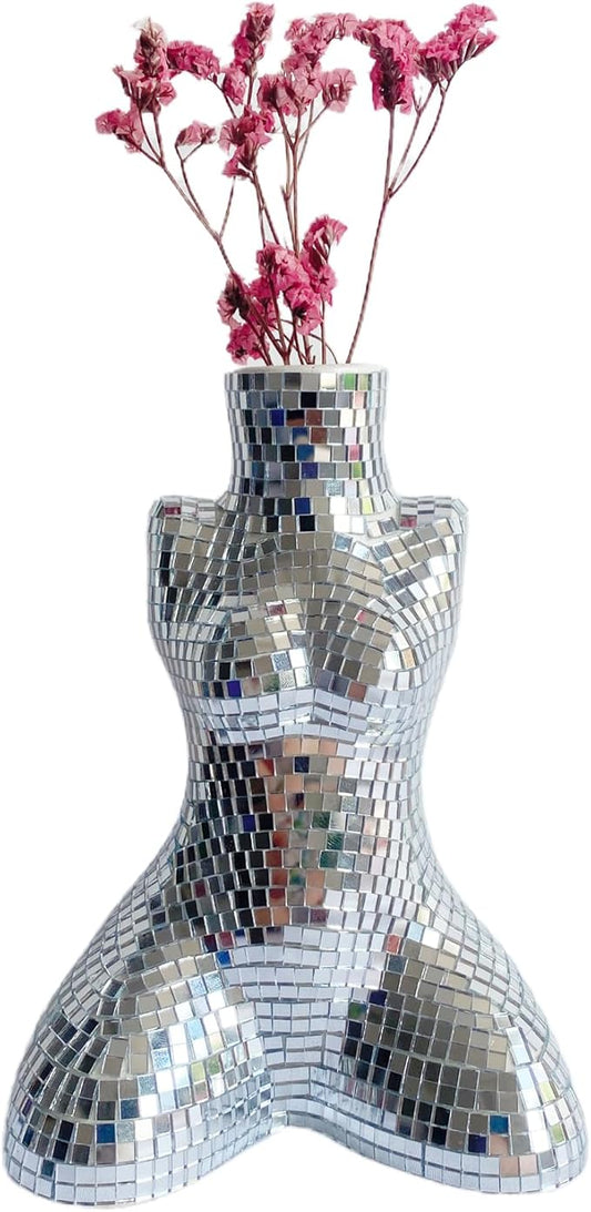 Modern Chic Vase, Handmade Ceramic Disco Flower Vase for Office Bedroom Living Room, Modern Bohemian Home Decoration,Silver,4x2.8x5.7inches
