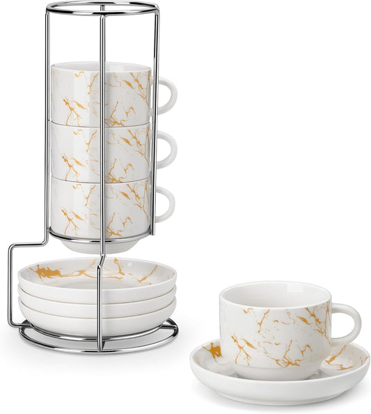 MALACASA 8 OZ Porcelain Espresso Cups with Saucers and Metal Stand Set of 4, Stackable Cappuccino Cups, Marble White Expresso Shots Cup Set for Coffee Drinks, Latte, Tea
