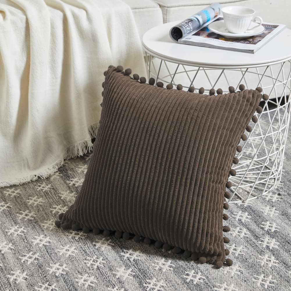 Fancy Homi Pack of 2 Dark Brown Decorative Throw Pillow Covers 22x22 Inch with Pom-poms for Couch Bed, Soft Corduroy Solid Square Cushion Case 55x55 cm, Farmhouse Boho Home Decor