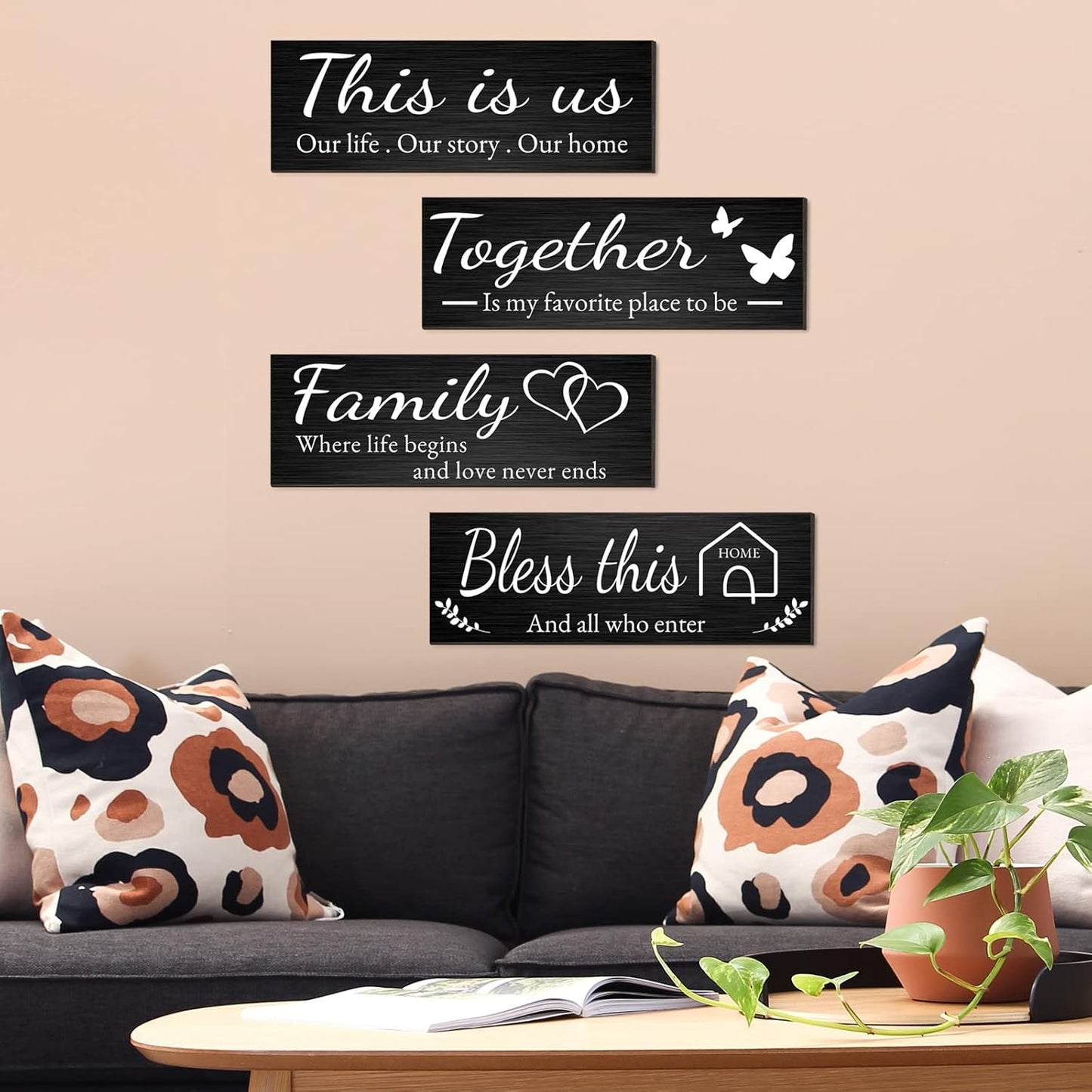 Joyhawk 4 Pieces Home Wall Decor Signs, THIS IS US/TOGETHER/BLESS THIS HOME/FAMILY Wall Decor For Living Room Bedroom, Rustic Wooden Farmhouse Wall Art Decor, 4.7 x 13.8 Inch(Black)