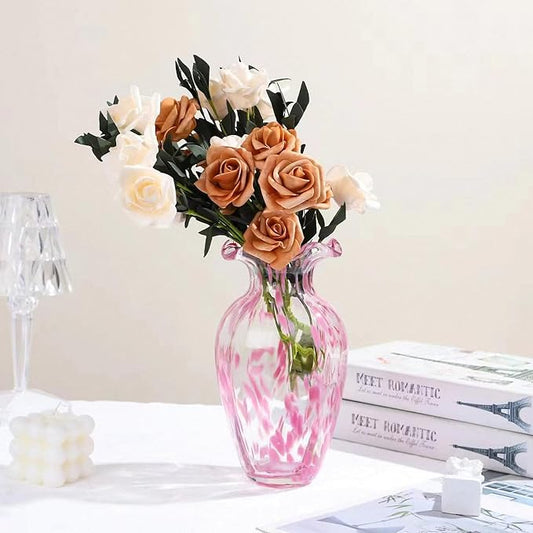 Hand Blown Pink Glass vase-8.7 inch Tall, Modern Art Wide Mouth Glass vase for Living Room, Wedding, Dining Table, Office Center Table Display Flower