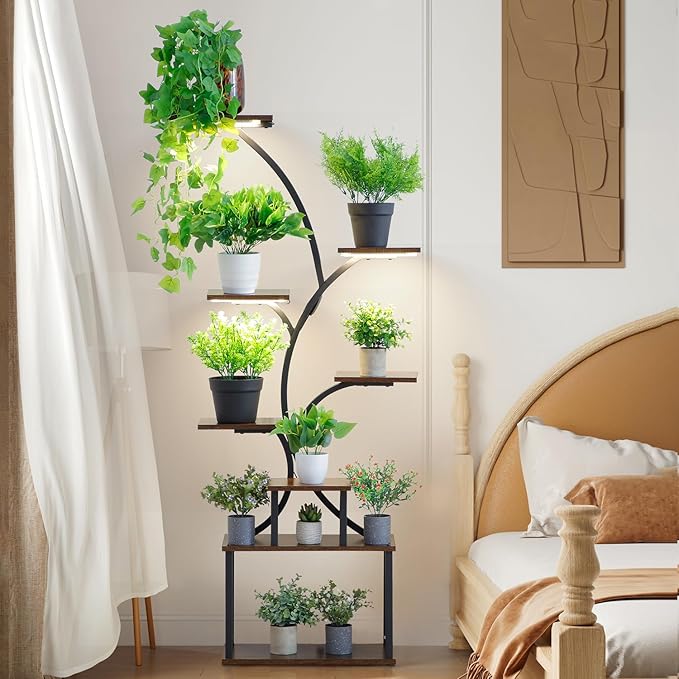 Plant Stand Indoor with Grow Light,8 Tiered Tall Plant Shelf for Multiple Plants, 62.2" Tall Plant Stands for Indoor Plants, Wooden Display Rack Holder, S-Shaped Plant Rack, Corner Flower Stand for Living Room, Garden, Patio