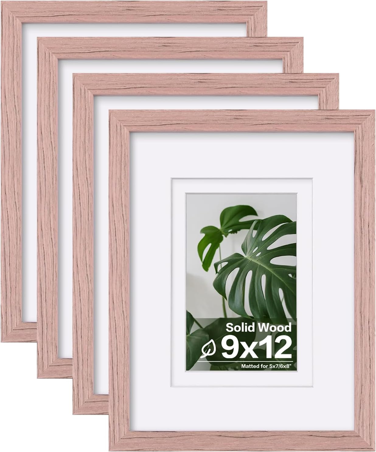 Egofine 9x12 Picture Frames Set of 4, Made of Solid Wood Covered by Plexiglass 5x7 and 6x8 with Mat or 9x12 without Mat, for Table Top Display and Wall Mounting Photo Frame Peach Pink