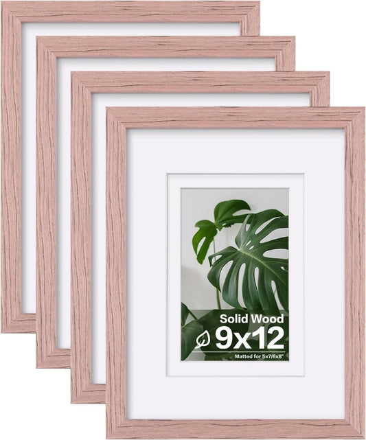 Egofine 9x12 Picture Frames Set of 4, Made of Solid Wood Covered by Plexiglass 5x7 and 6x8 with Mat or 9x12 without Mat, for Table Top Display and Wall Mounting Photo Frame Peach Pink