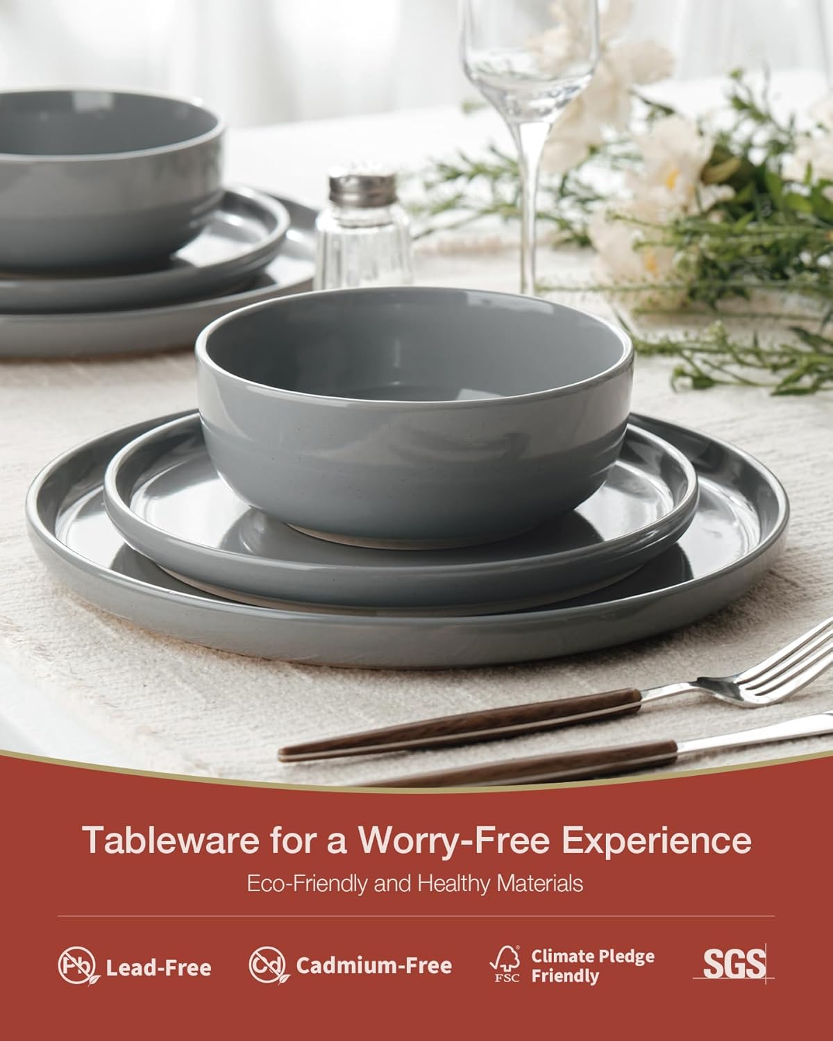 Famiware Milkyway Dinnerware Set with Mugs, Service for 4 (16pcs), Ribbed Stoneware Plates and Bowls Dishes Sets - Chip & Scratch Resistant, Microwave & Dishwasher Safe, Dark Gray