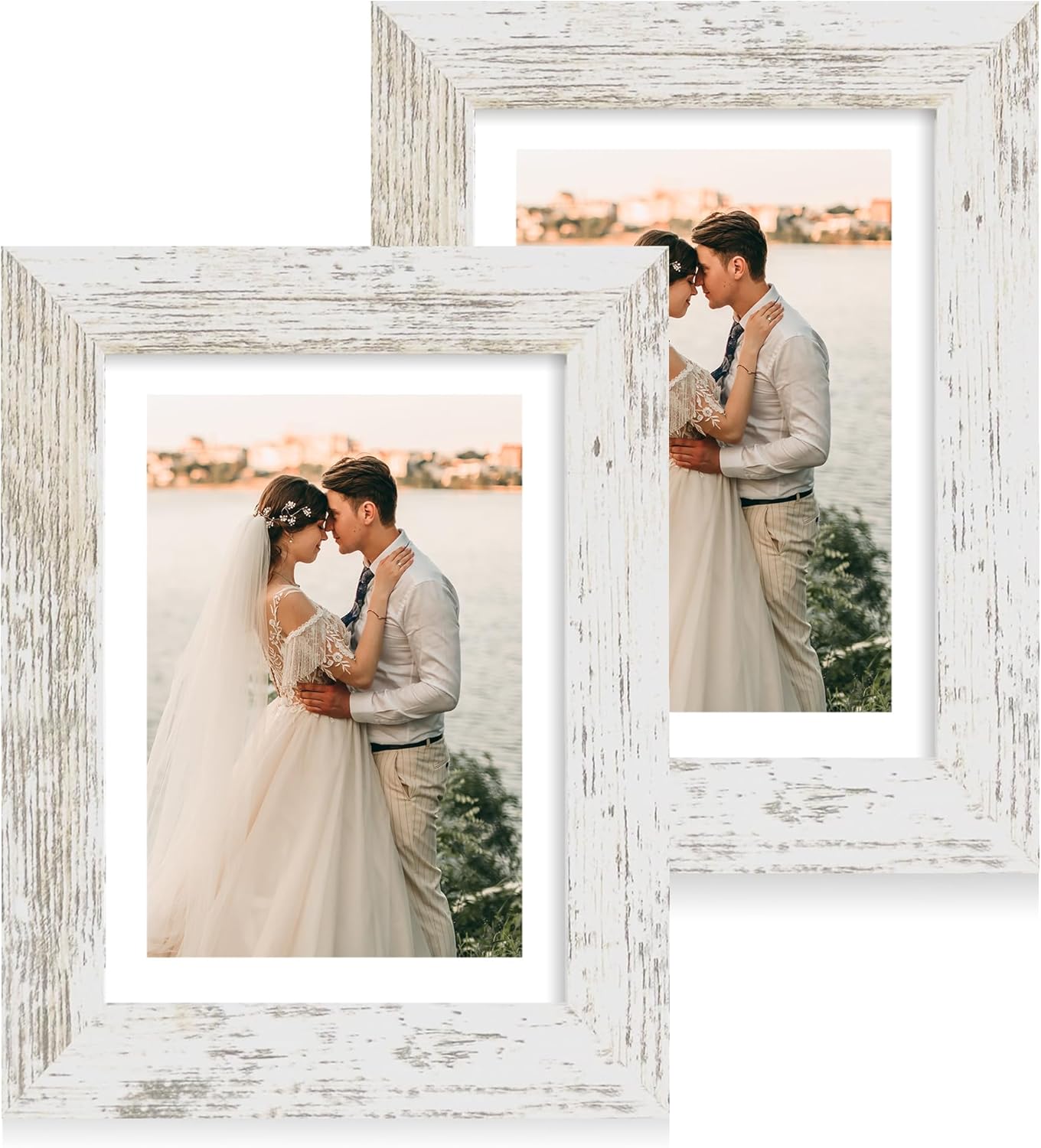 iRahmen 5x7 Picture Frame Set of 2 with HD Glass, Distressed White Wood Photo Frames Display 4x6 Picture with Mat or 5 x 7 Without Mat for Horizontal or Vertical Tabletop and Wall Mounting