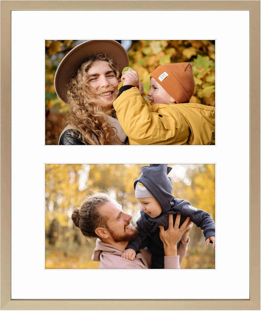 Frametory - 8x10 Aluminum Collage Picture Frame - Display 4x6 Pictures with 2 Openings Mat - Real Glass Front - with Easel Stand for Horizontal/Vertical Wall Mount - Gold 1 Pack
