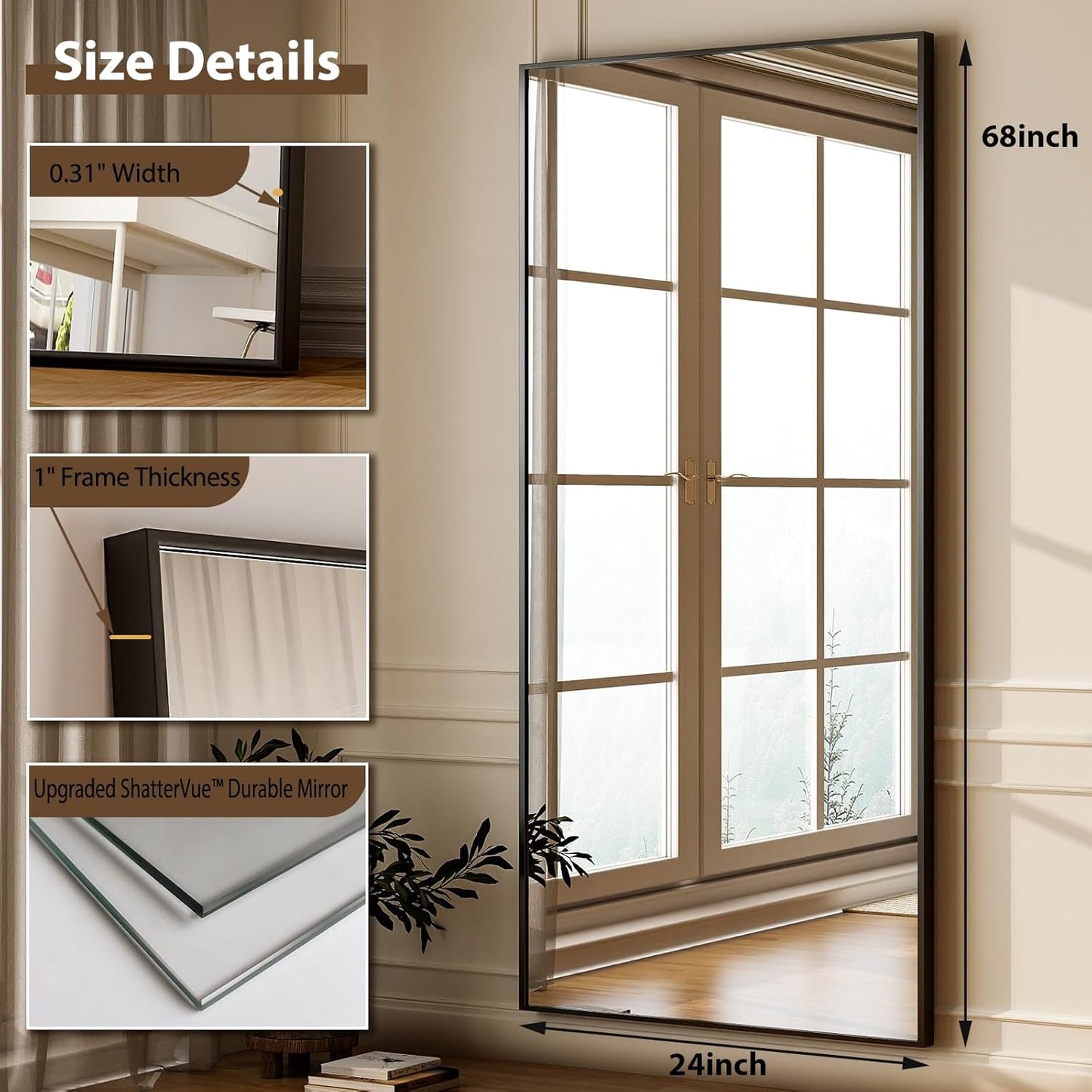 GLSLAND 68" x 24" Full Length Mirror - Rectangle Floor Mirrors Aluminum Alloy Frame Full Body Mirror for Bedroom, Living Room, Cloak Room,Black