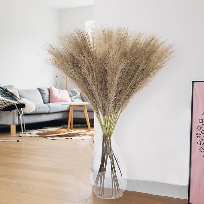 38" 10 Stems Faux Pampas Grass Decor - Tall Pampas Grass for Floor Vase Fluffy Artificial Pampas Grass for Boho Home Wedding Mothers Day Decoration（Brown）