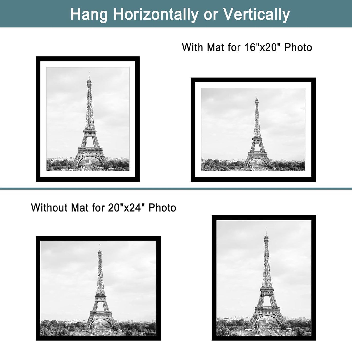 iRahmen 20x24 Picture Frame Set of 2 with Plexiglass, Black Wood Poster Frame for Wall Mounting Display 16x20 Picture with Mat or 20 x 24 Without Mat