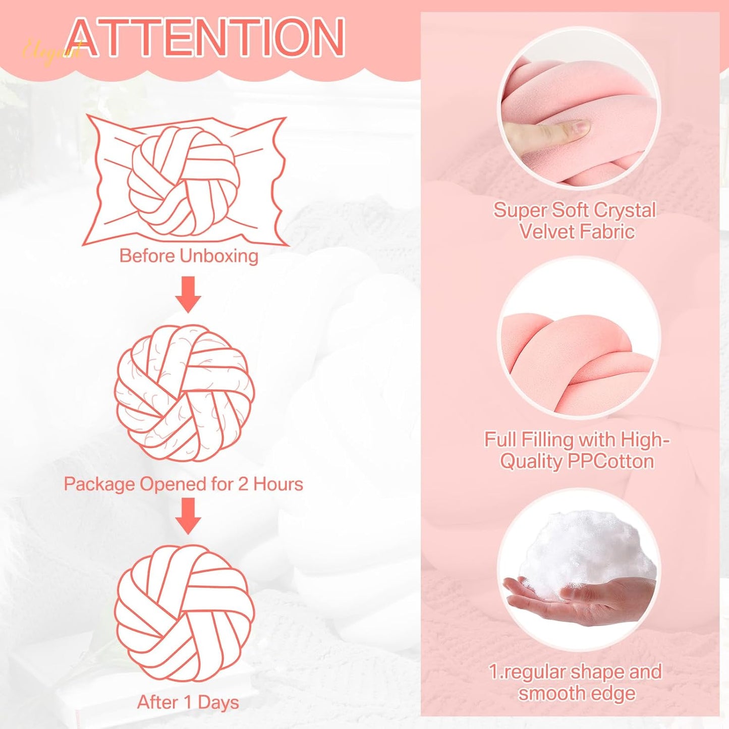 Fumete 2 Pcs 14 Inches Knot Pillow Round Throw Soft Plush Knot Ball Pillow Handmade Knotted Modern Home Decorative Cushion for Bed Bedroom, Sofa, Couch (Pink)