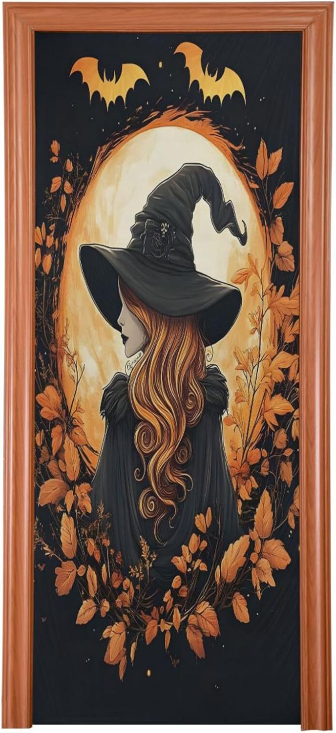 senya Halloween Door Cover Autumn Witch Halloween Banner Decoration 79 * 35 inch for Front Doors Wall Party Decor